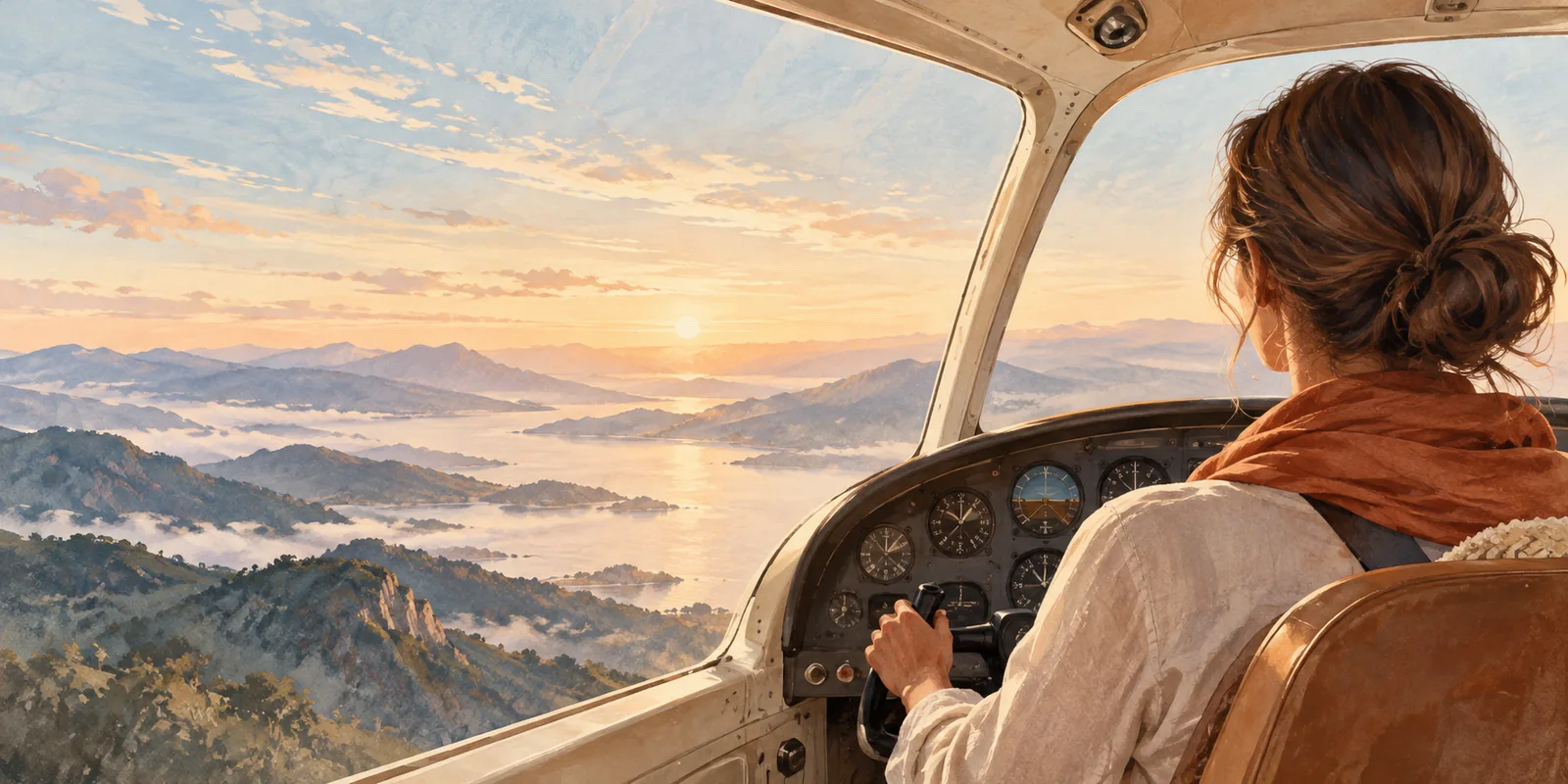 Ilustración de una persona en la cabina de un avión mirando el horizonte
