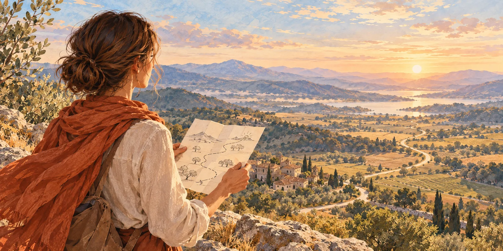 Ilustración de un paisaje visto desde la altura, con un camino que se abre hacia adelante